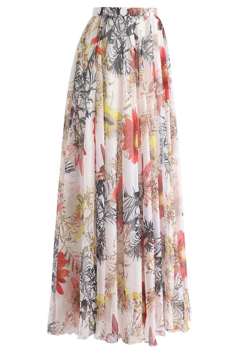 Red Floral Blossom Maxi Skirt 