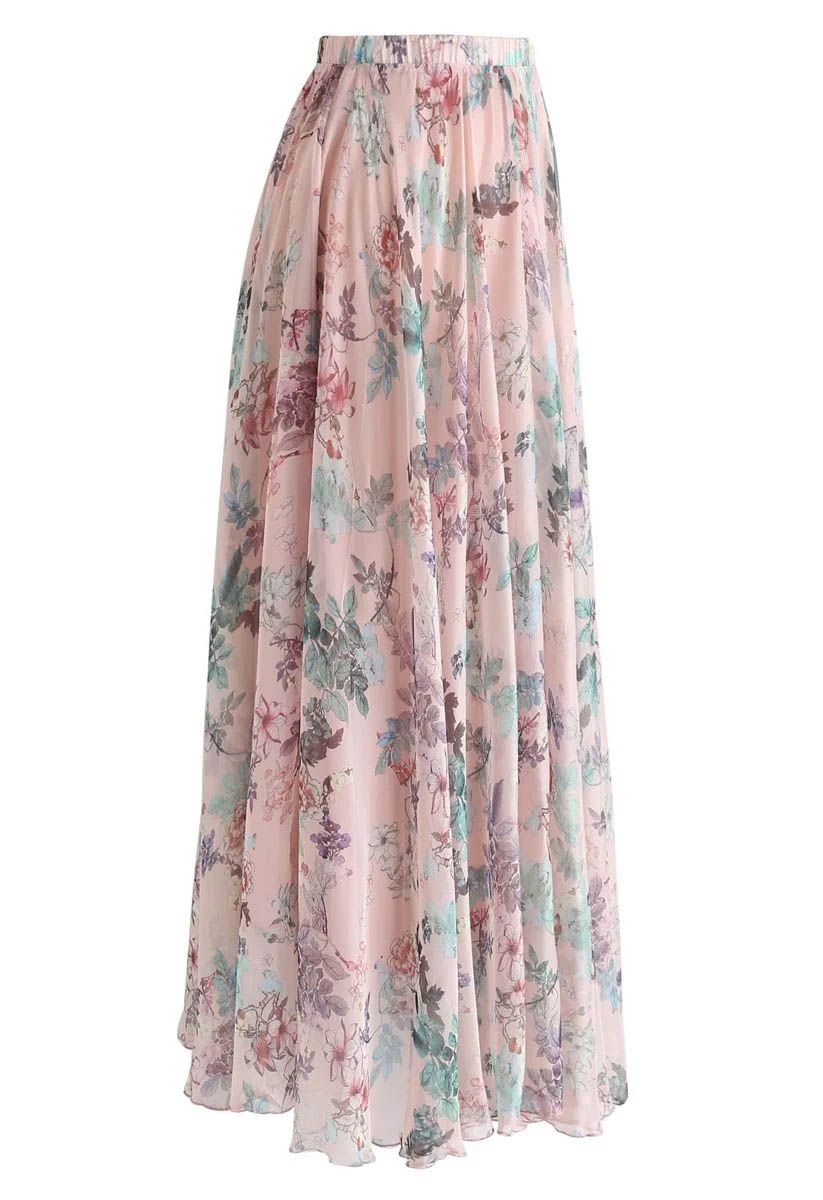 Pinky Blossom Watercolor Maxi Skirt