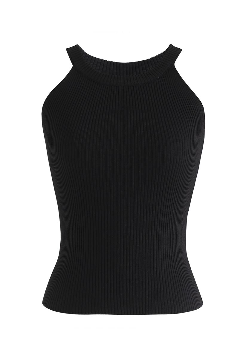 Fitted Ribbed Knit Halter Tank Top in Black