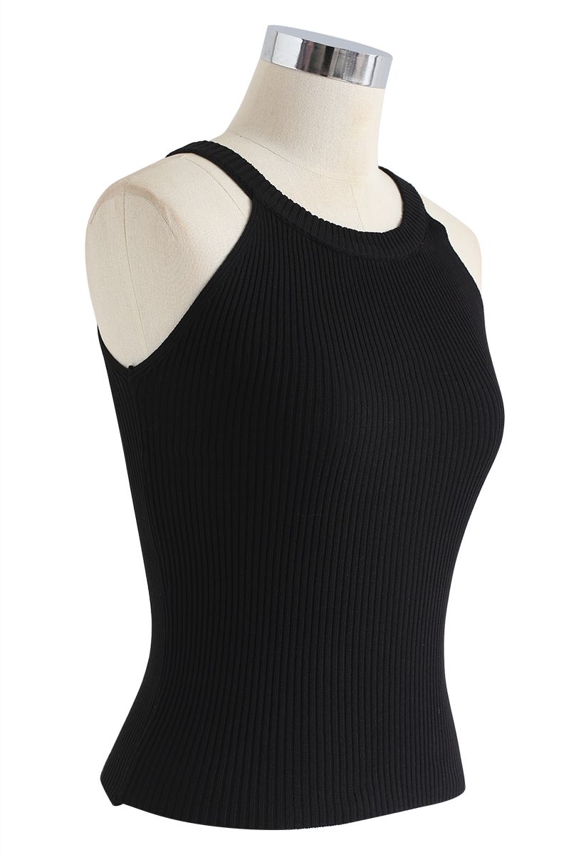 Fitted Ribbed Knit Halter Tank Top in Black