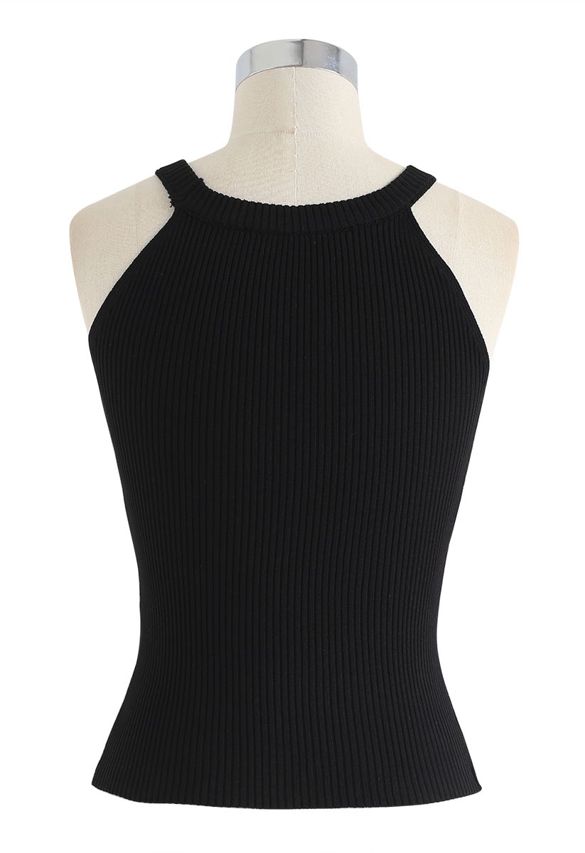 Fitted Ribbed Knit Halter Tank Top in Black
