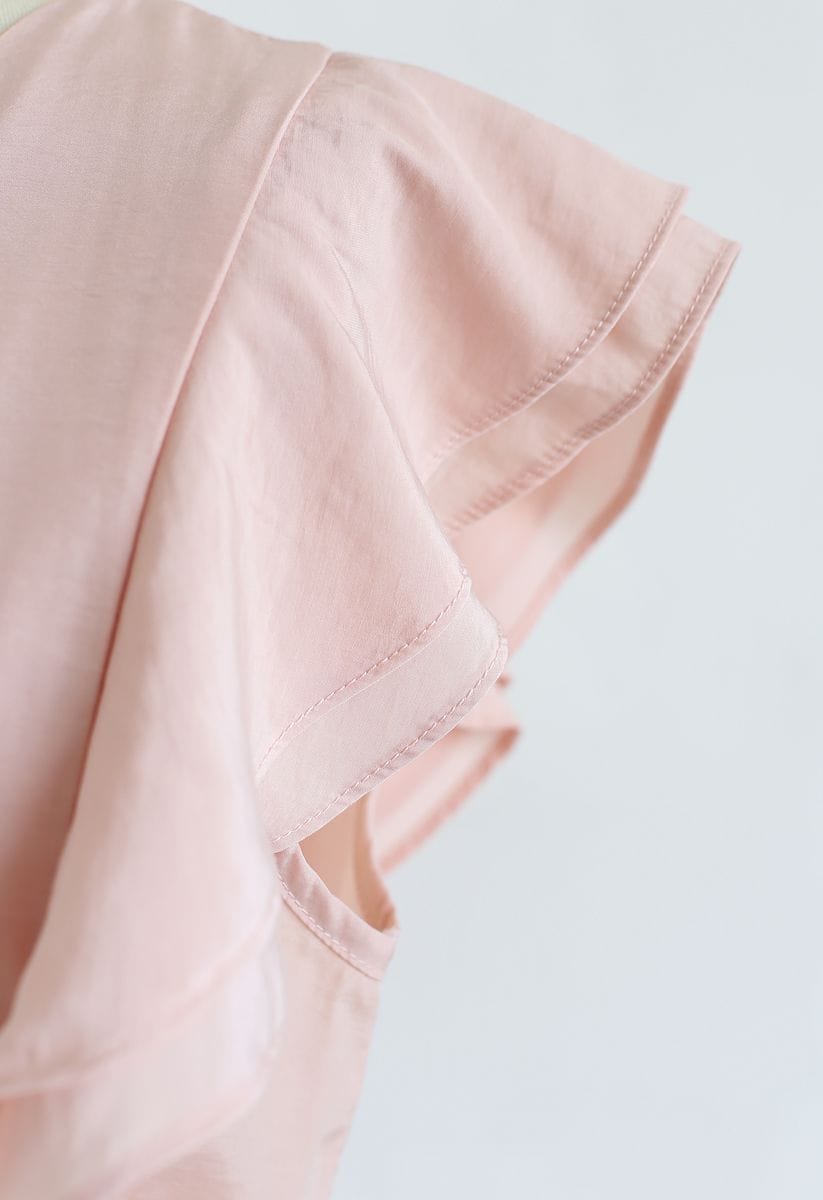 Bowknot Waist Sleeveless Ruffle Top in Peach