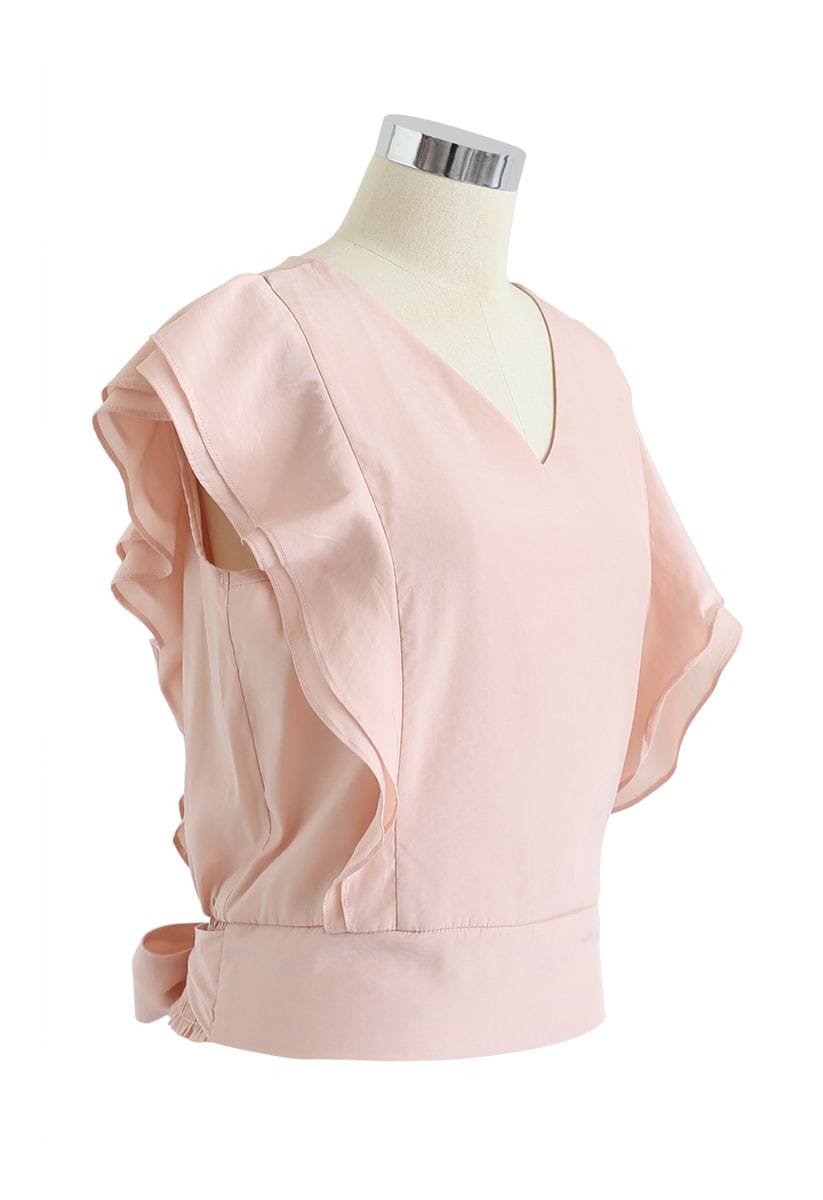 Bowknot Waist Sleeveless Ruffle Top in Peach