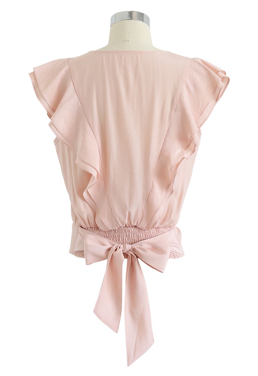 Bowknot Waist Sleeveless Ruffle Top in Peach