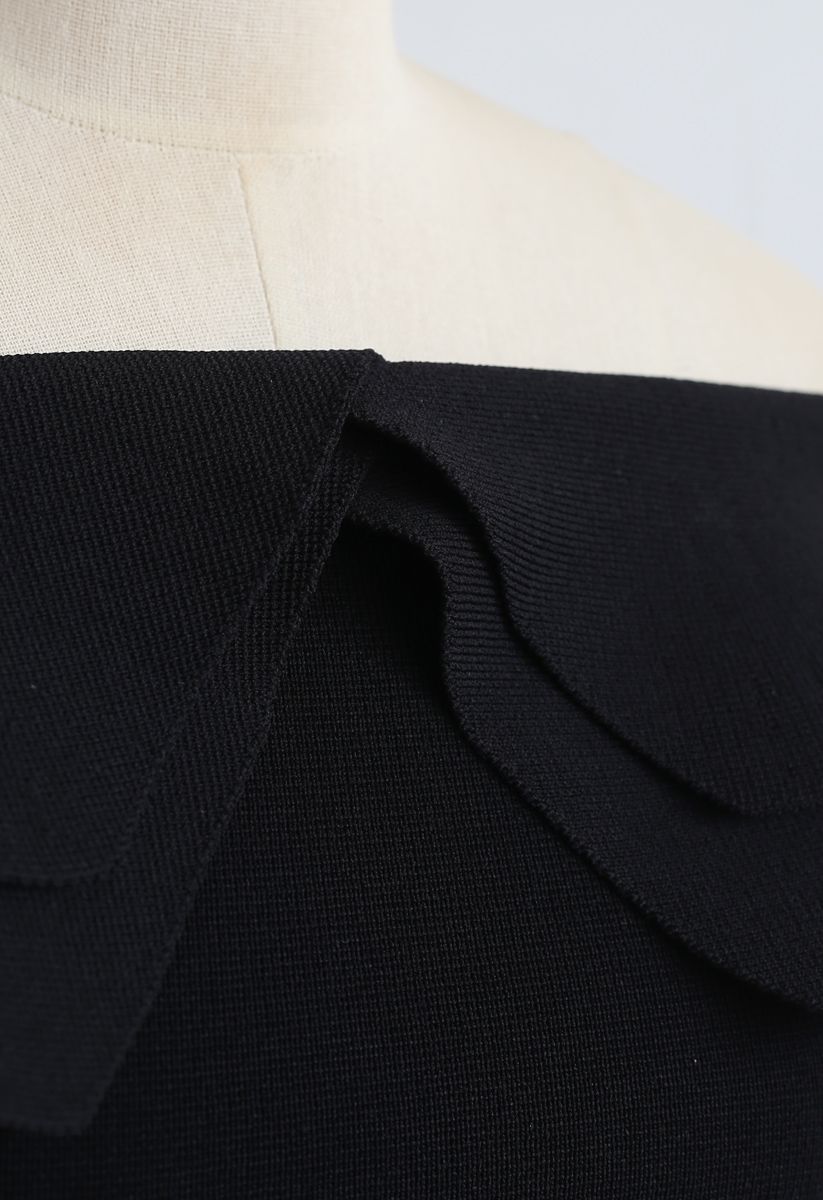 Off-Shoulder Tiered Cropped Knit Top in Black
