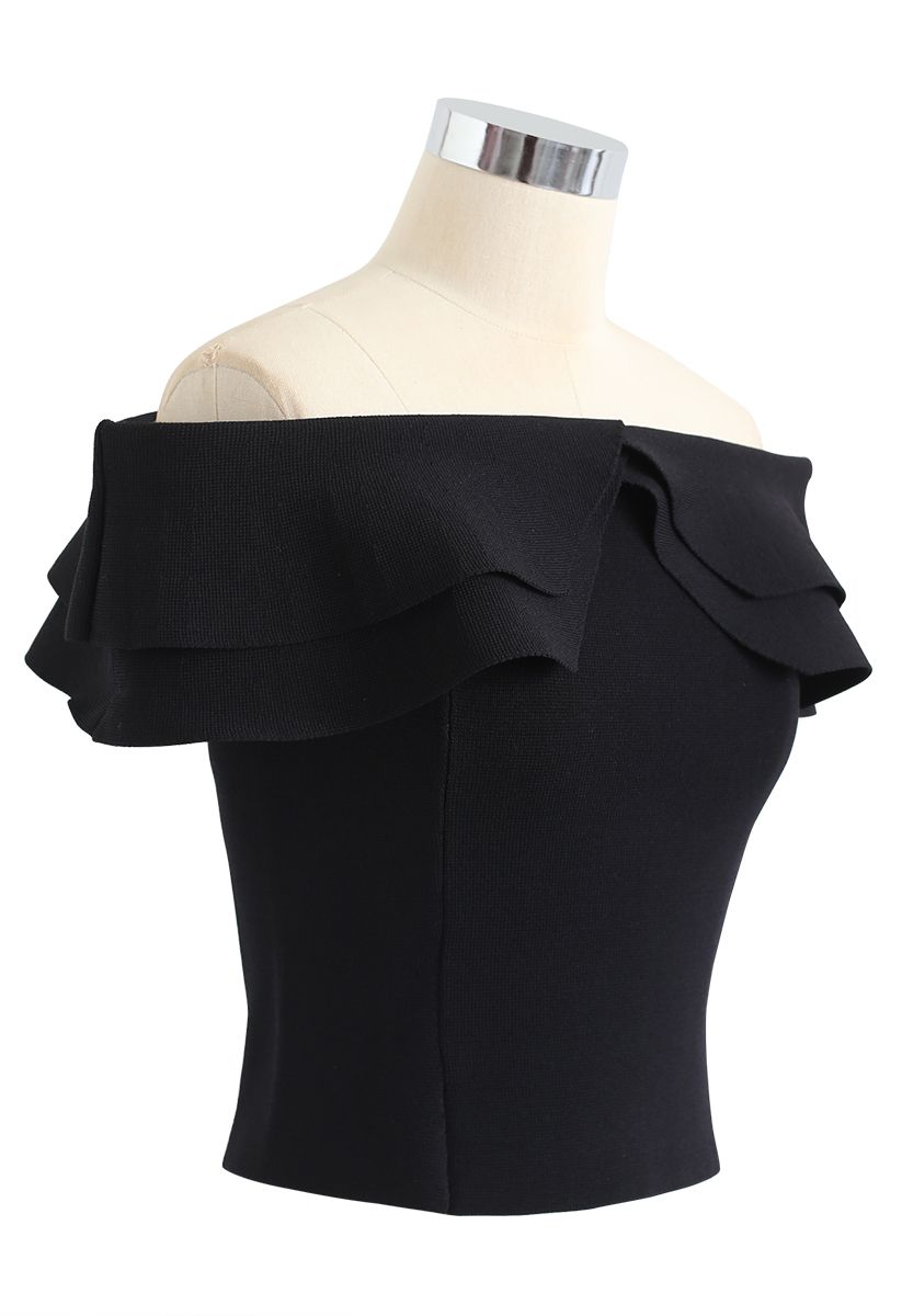 Off-Shoulder Tiered Cropped Knit Top in Black