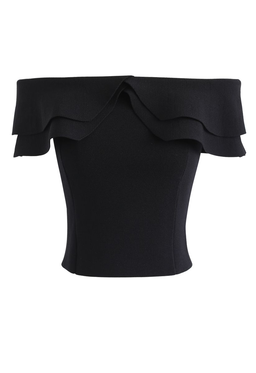 Off-Shoulder Tiered Cropped Knit Top in Black