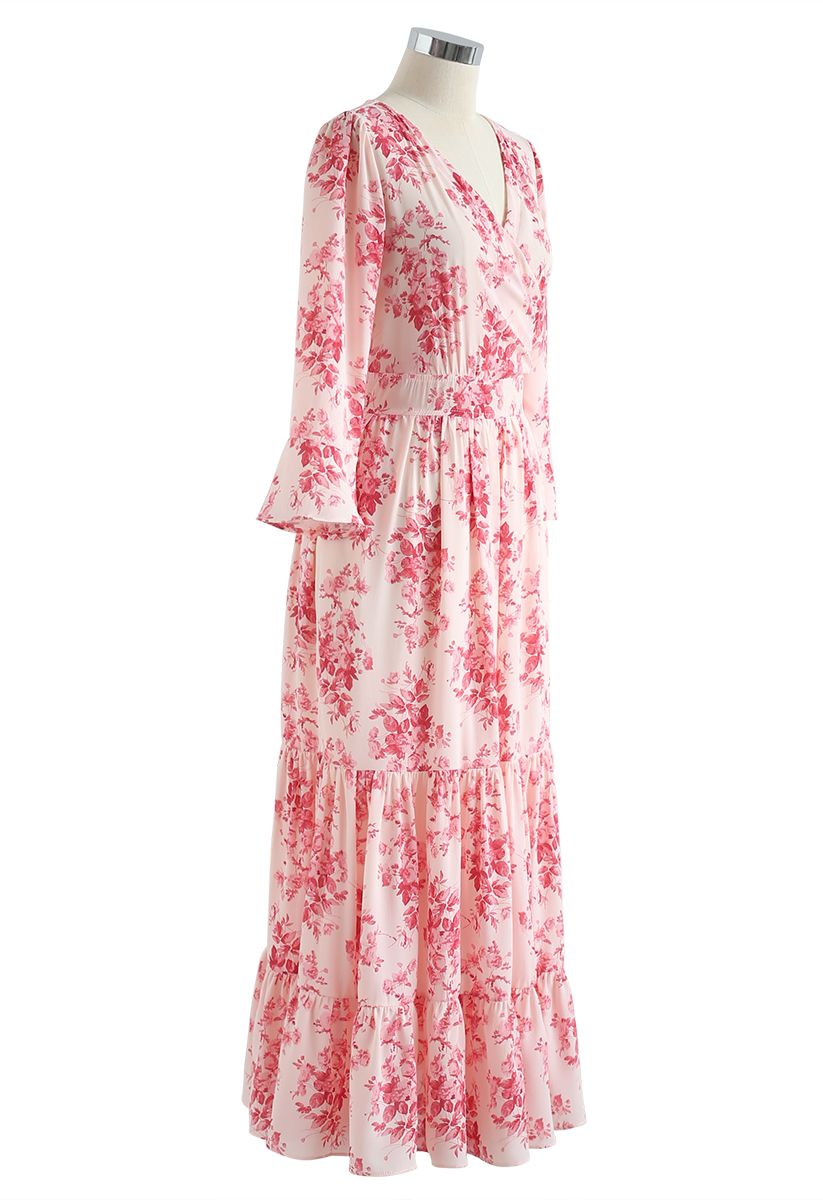 Flounced Cuffs Floral Print Chiffon Wrap Dress