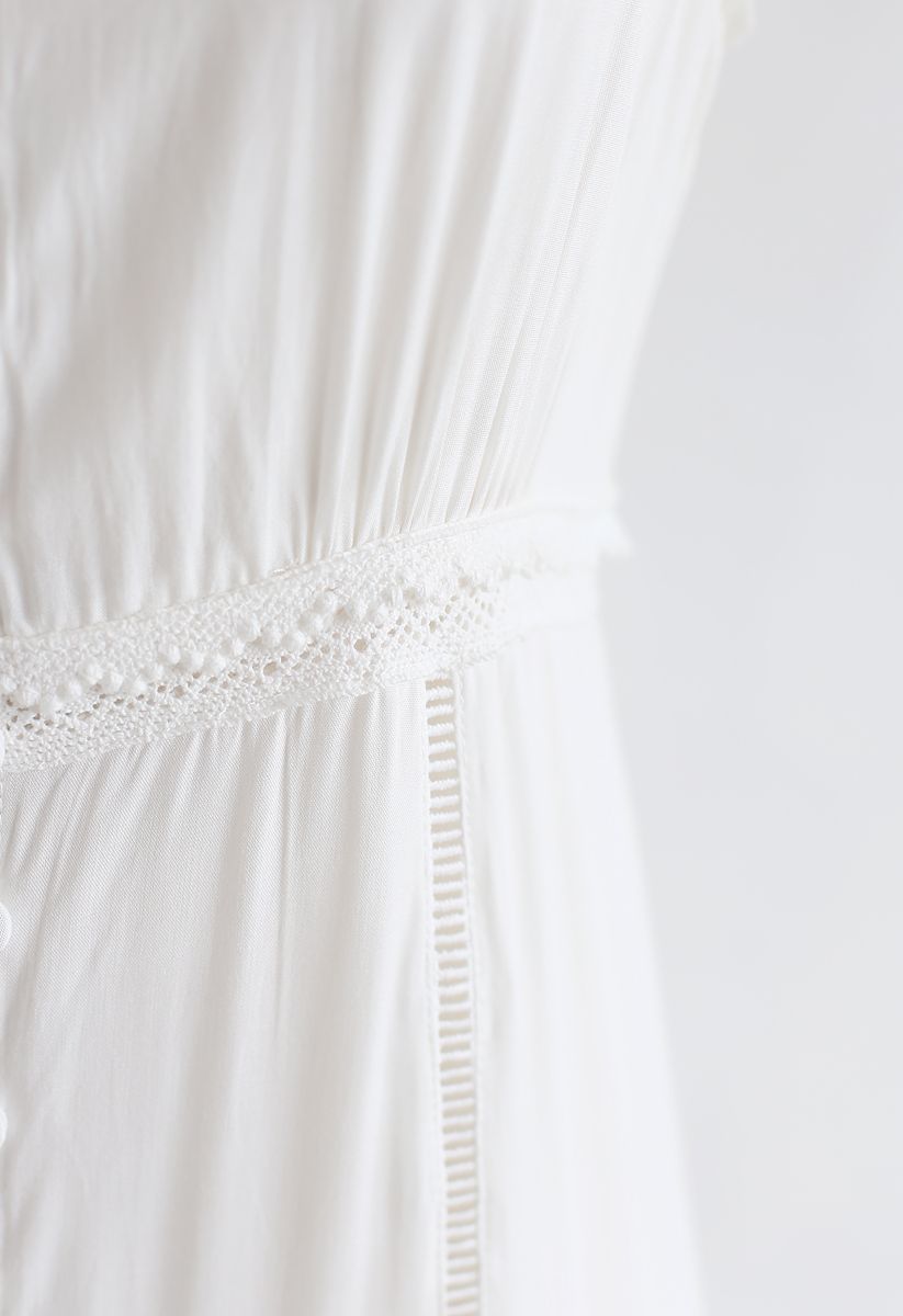Crochet Trims Panelled Button Down Sleeveless Maxi Dress in White