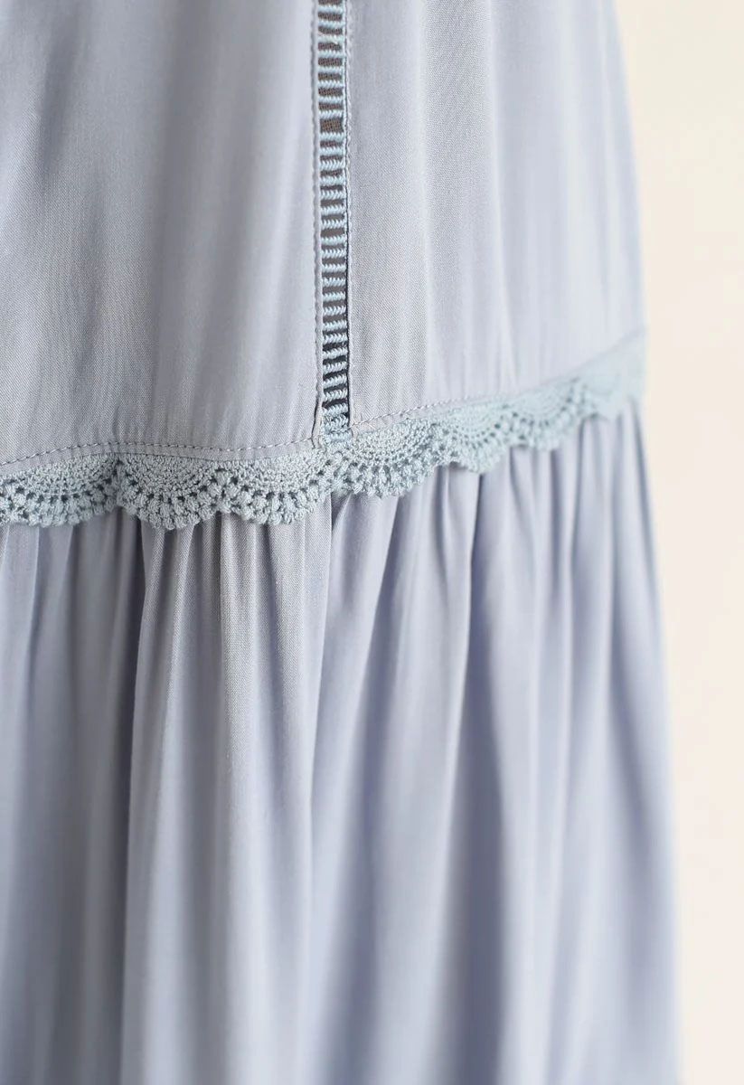 Crochet Trims Panelled Button Down Sleeveless Maxi Dress in Dusty Blue