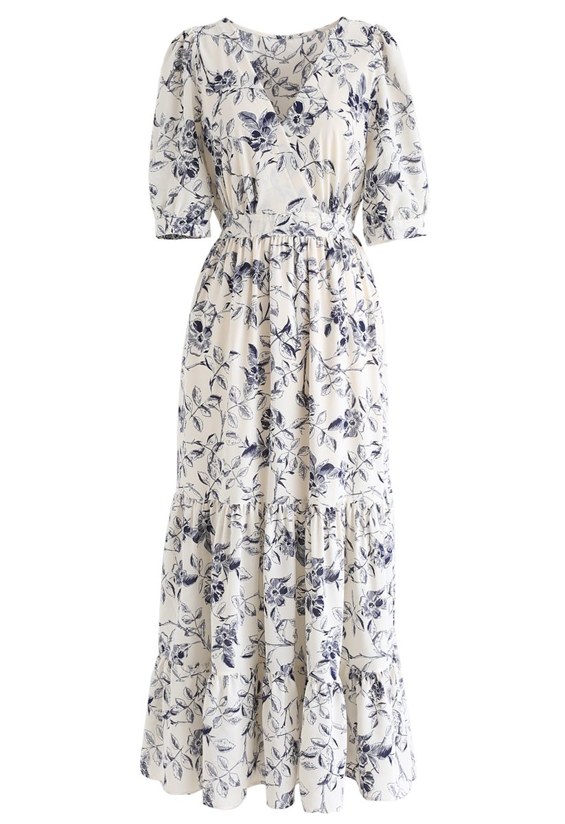 Navy Floral Frilling Wrapped Dress