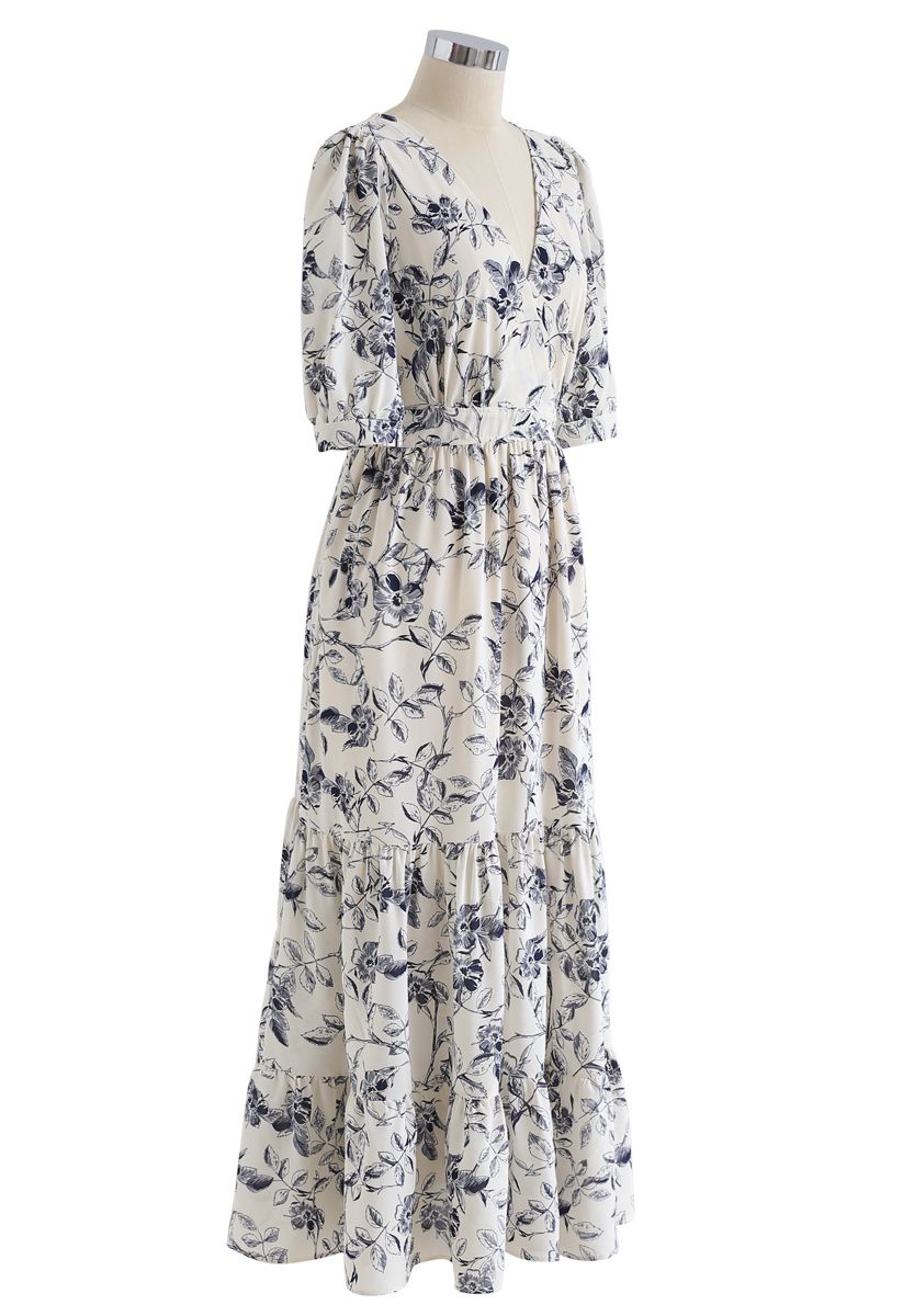 Navy Floral Frilling Wrapped Dress
