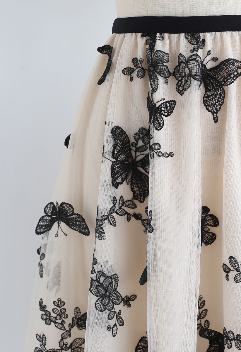 3D Butterfly Double-Layered Mesh Midi Skirt in Cream