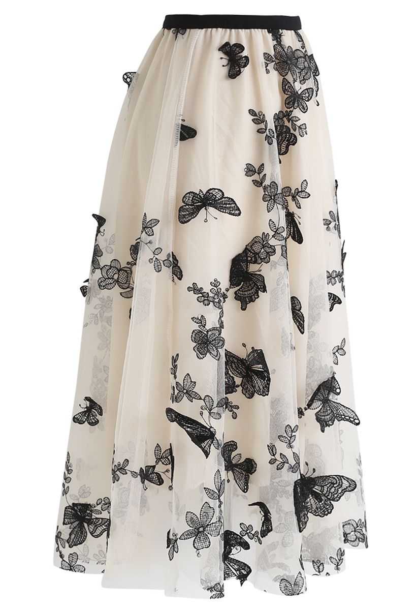 3D Butterfly Double-Layered Mesh Midi Skirt in Cream