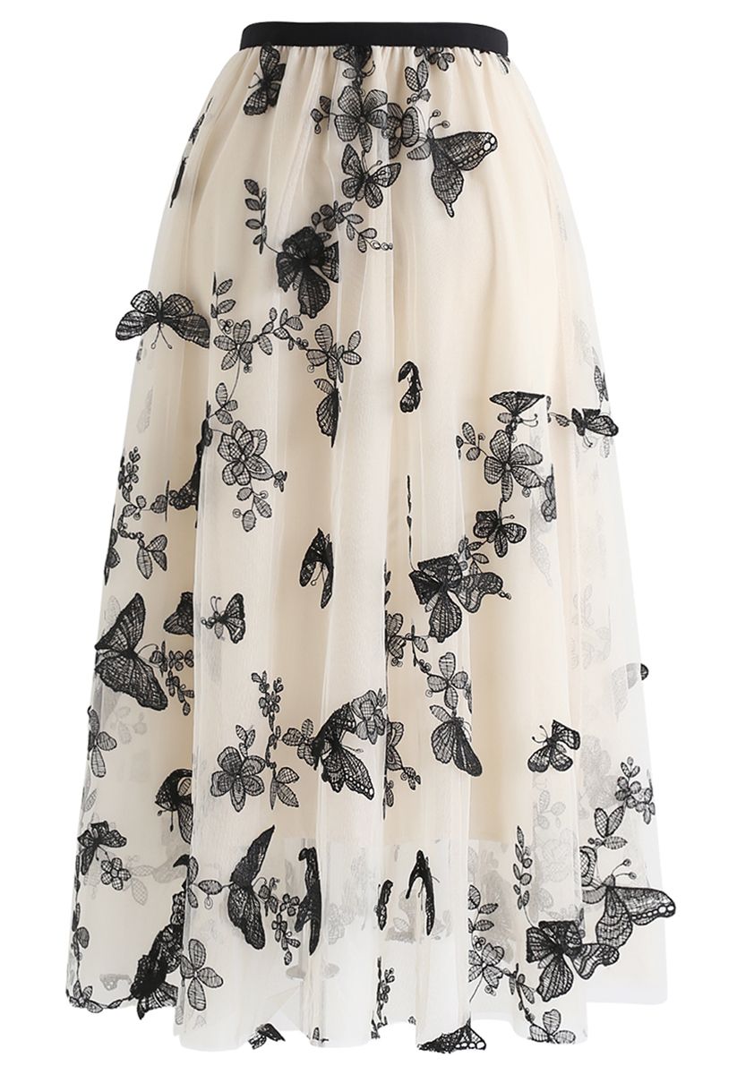 3D Butterfly Double-Layered Mesh Midi Skirt in Cream