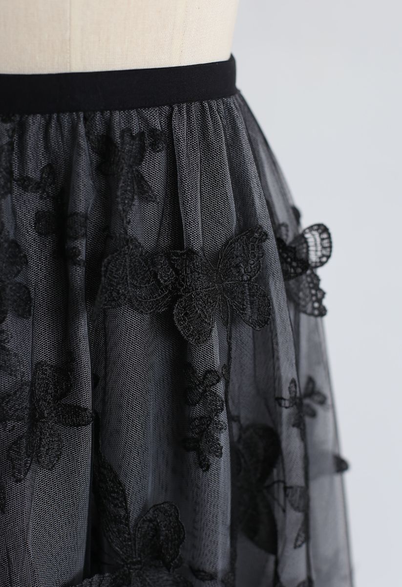 3D Butterfly Double-Layered Mesh Midi Skirt in Smoke