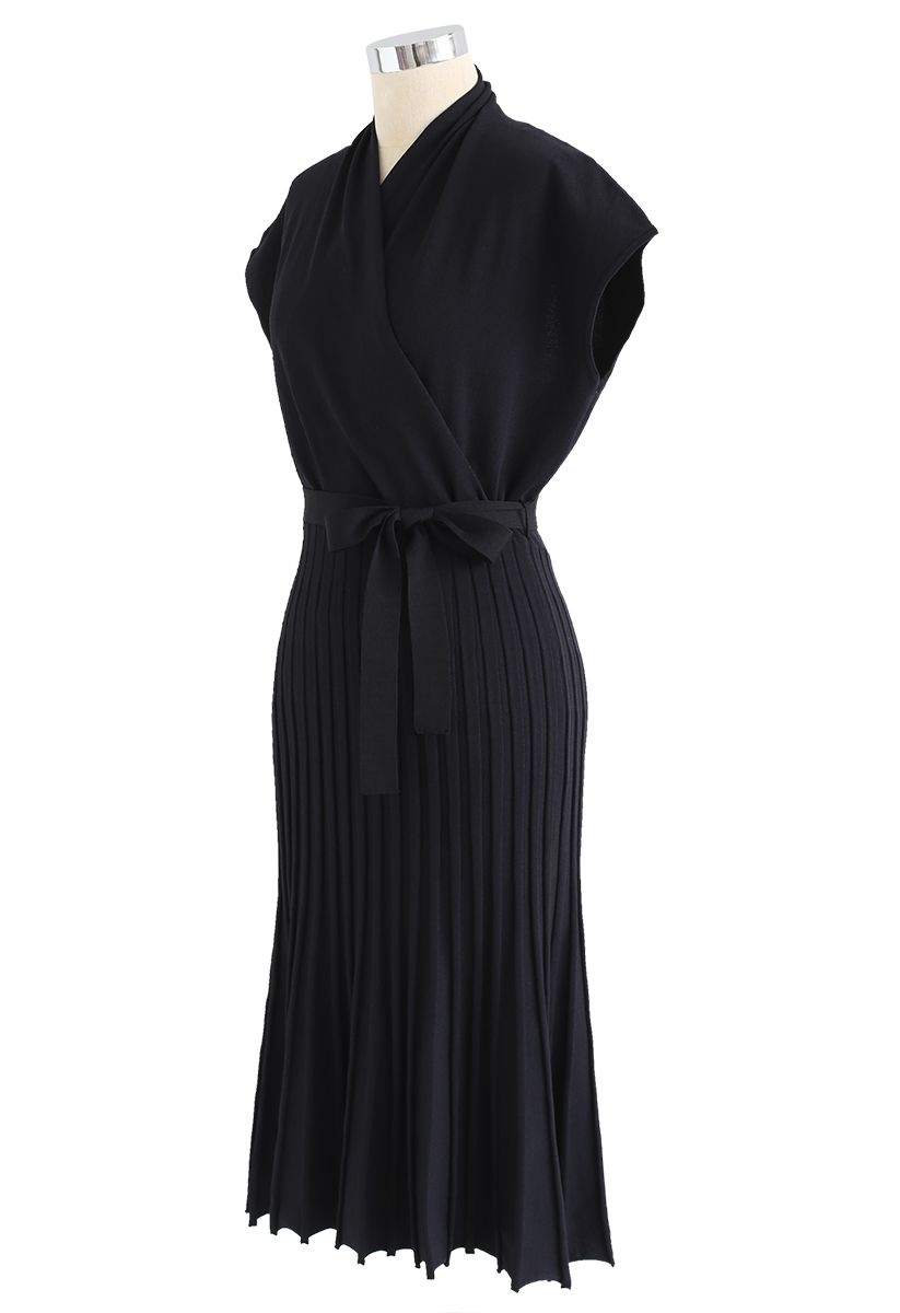 Pleated Sleeveless Wrapped Knit Dress in Black