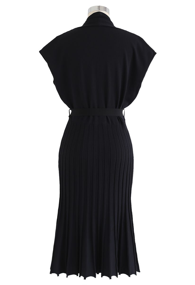 Pleated Sleeveless Wrapped Knit Dress in Black