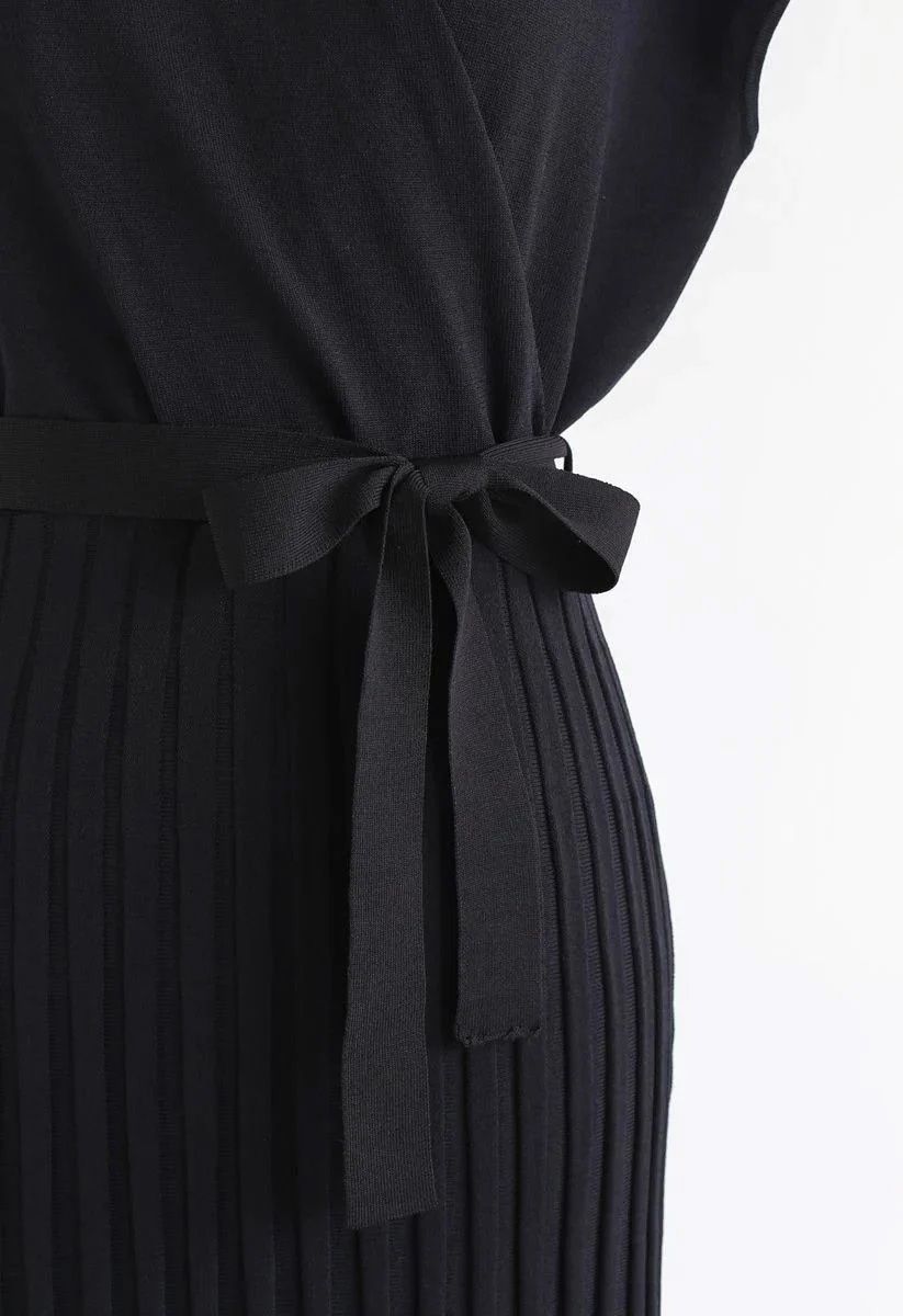 Pleated Sleeveless Wrapped Knit Dress in Black