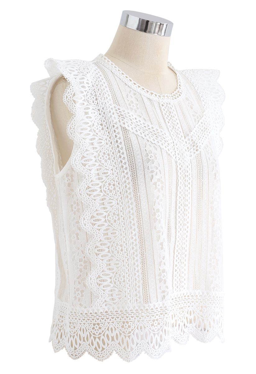 Crochet Trim Sleeveless Lace Top in White