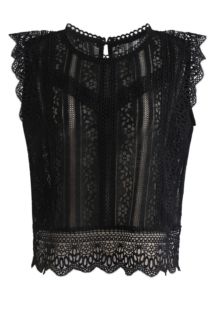 Crochet Trim Sleeveless Lace Top in Black