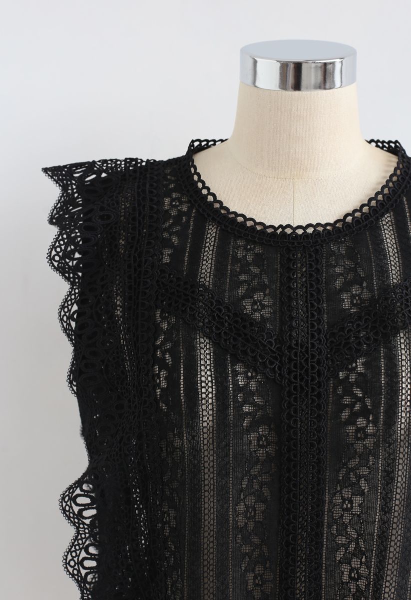 Crochet Trim Sleeveless Lace Top in Black