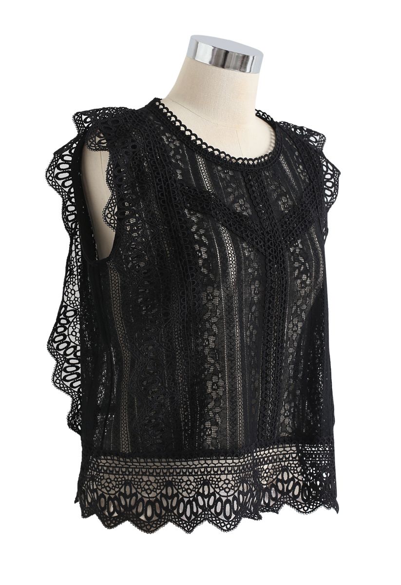 Crochet Trim Sleeveless Lace Top in Black