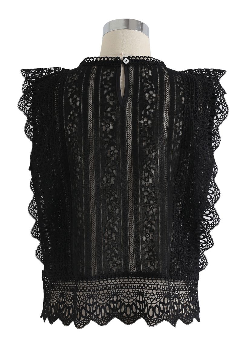 Crochet Trim Sleeveless Lace Top in Black