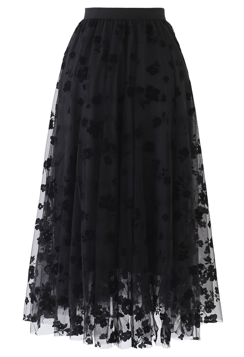 3D Posy Double-Layered Mesh Midi Skirt in Black