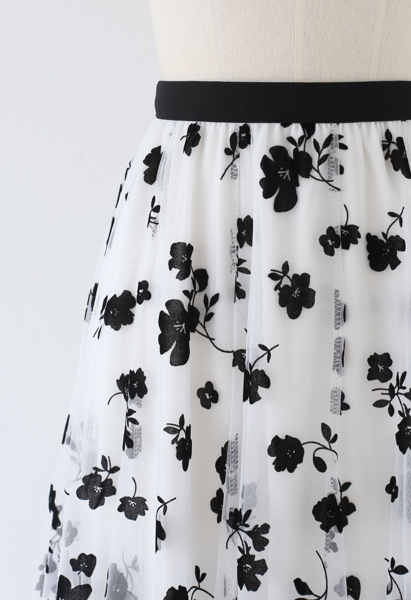 3D Posy Double-Layered Mesh Midi Skirt in White
