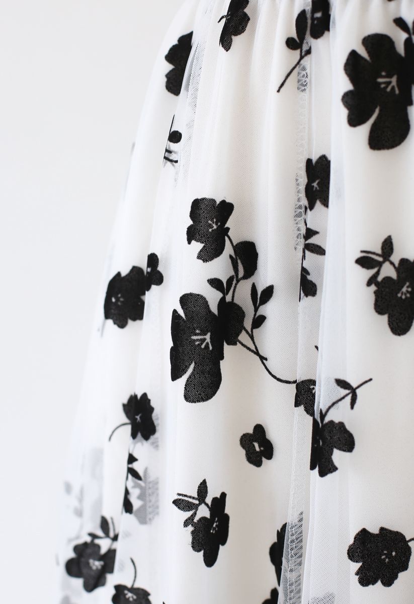 3D Posy Double-Layered Mesh Midi Skirt in White