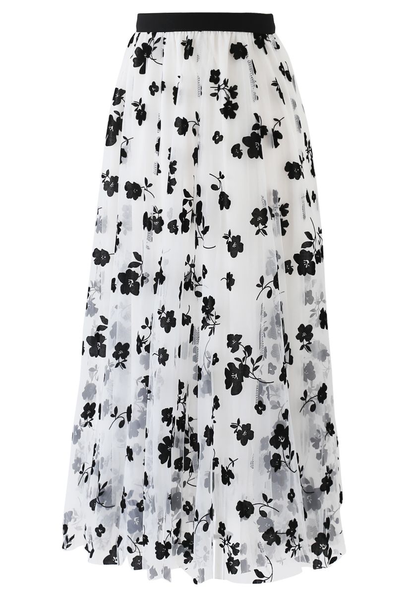 3D Posy Double-Layered Mesh Midi Skirt in White