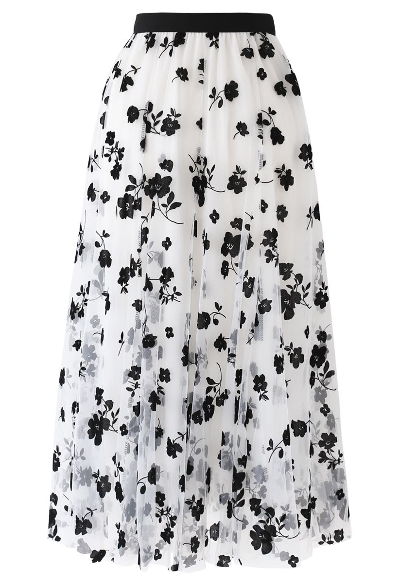 3D Posy Double-Layered Mesh Midi Skirt in White