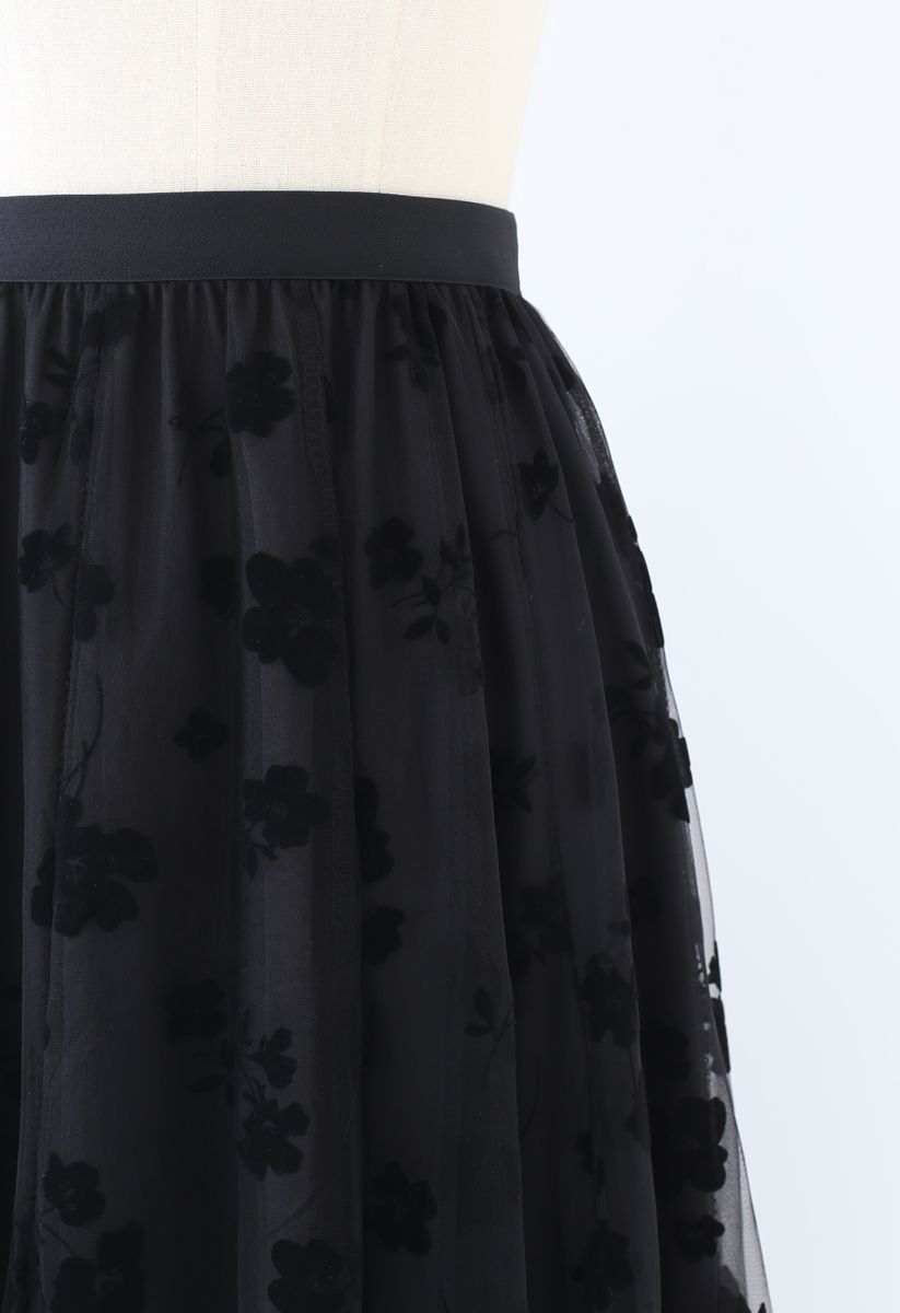 3D Posy Double-Layered Mesh Midi Skirt in Black