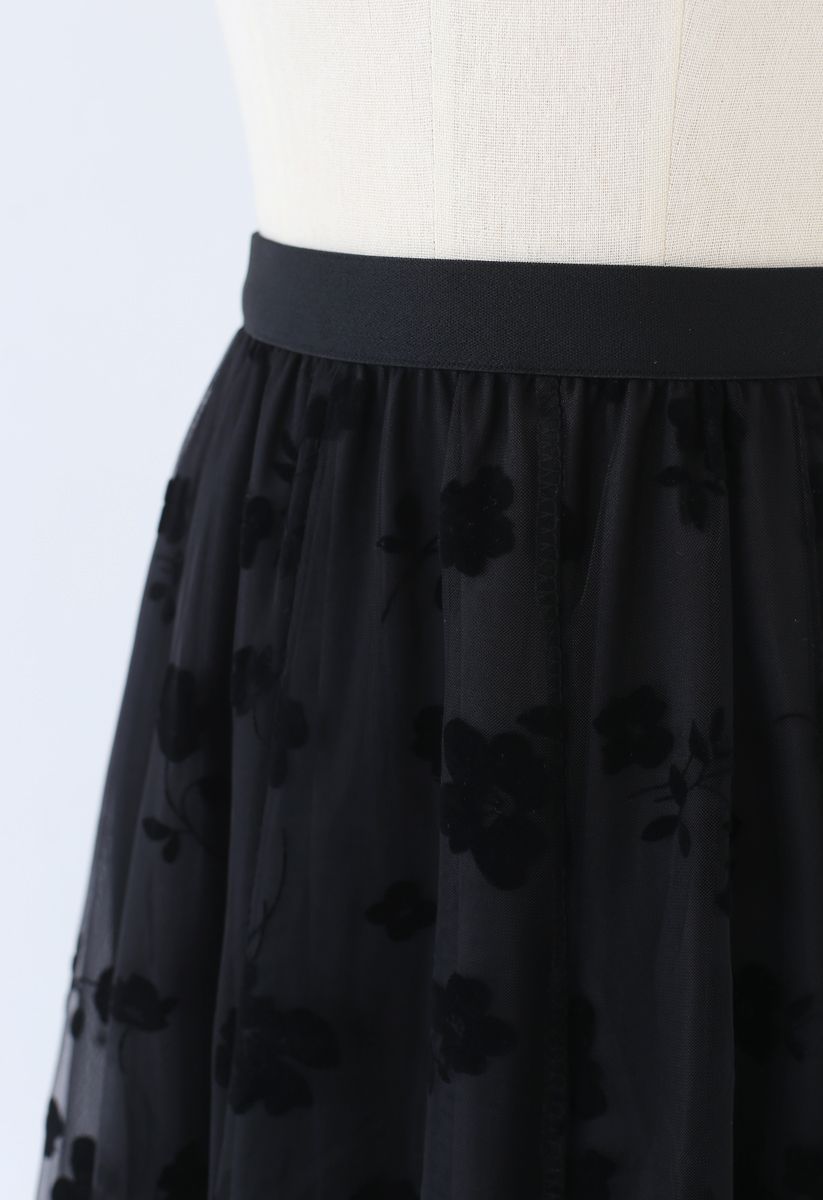 3D Posy Double-Layered Mesh Midi Skirt in Black