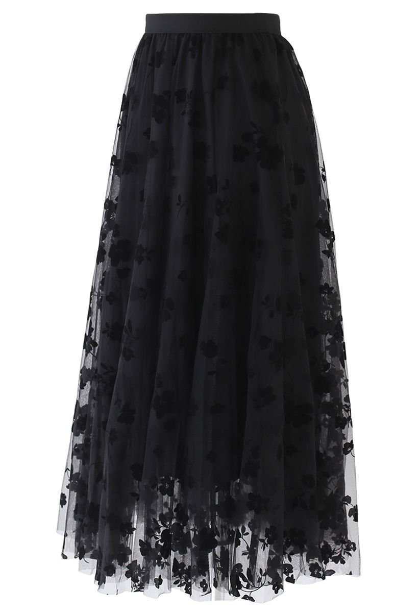 3D Posy Double-Layered Mesh Midi Skirt in Black