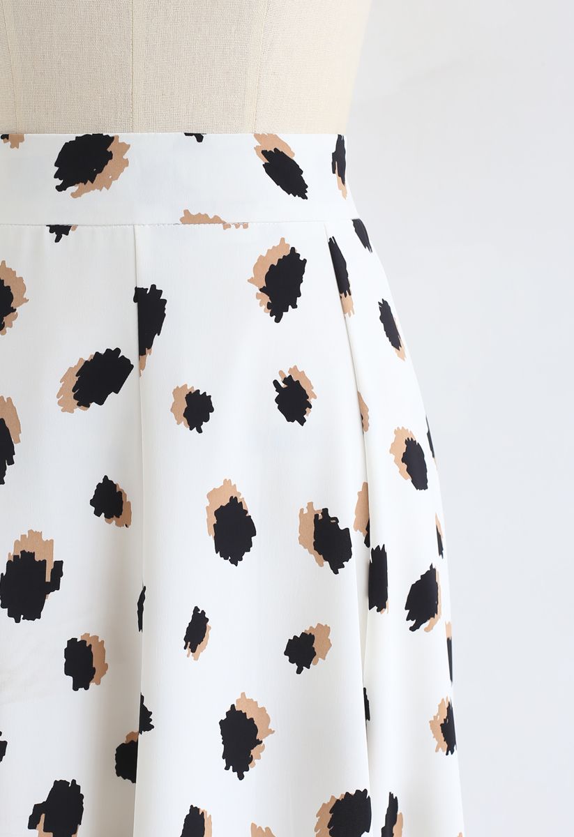 Bicolor Irregular Spots Print Midi Skirt in White