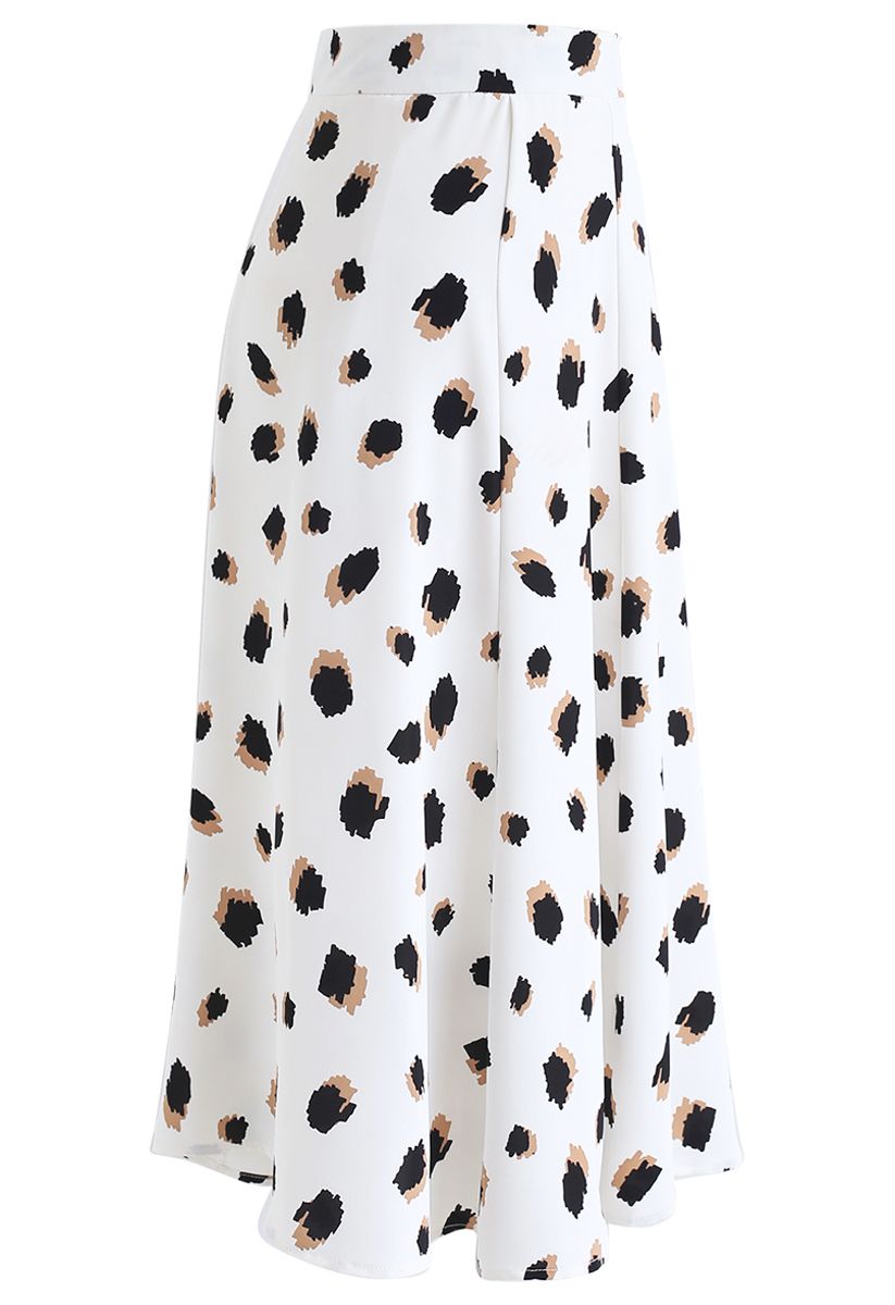 Bicolor Irregular Spots Print Midi Skirt in White