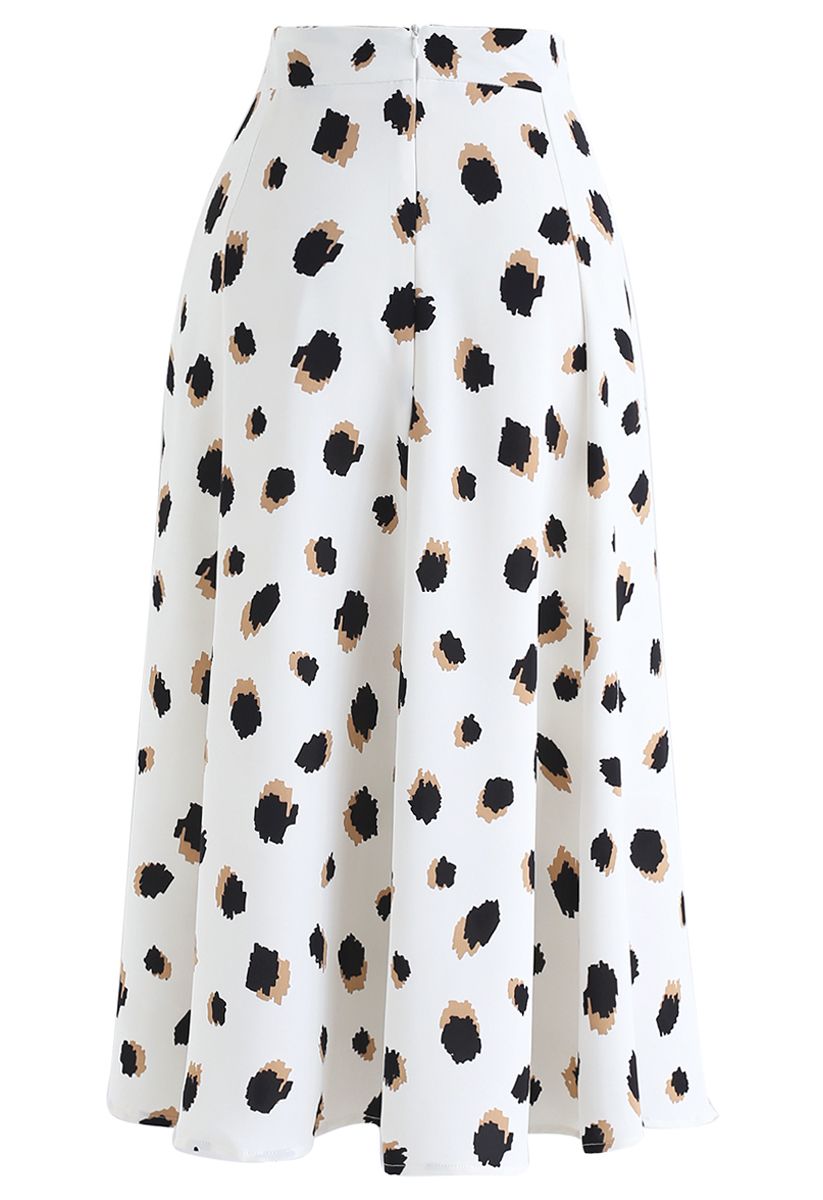 Bicolor Irregular Spots Print Midi Skirt in White