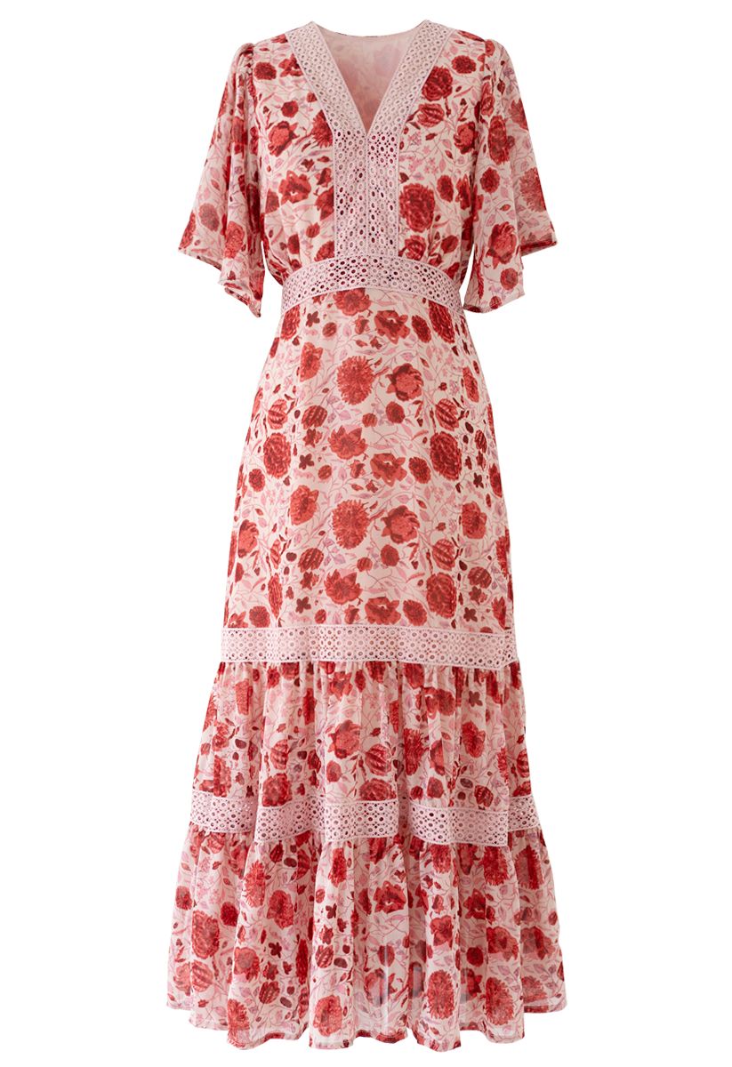 Red Floral Crochet Frilling Chiffon Dress
