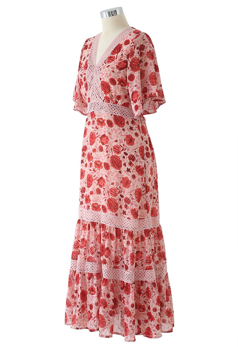 Red Floral Crochet Frilling Chiffon Dress