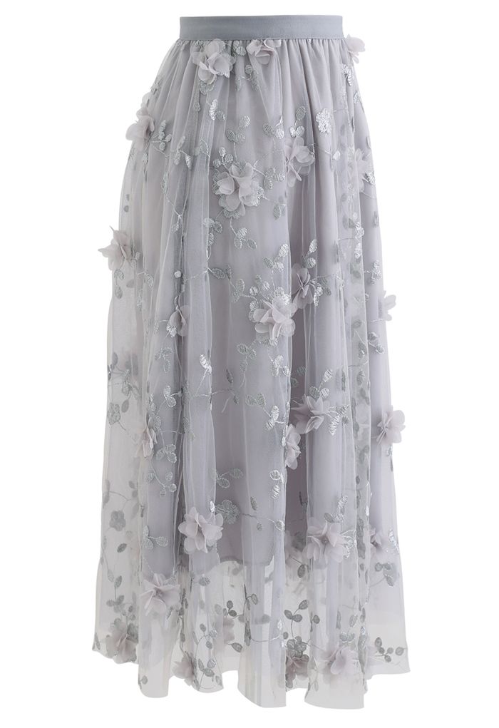 3D Mesh Flower Embroidered Tulle Midi Skirt in Grey
