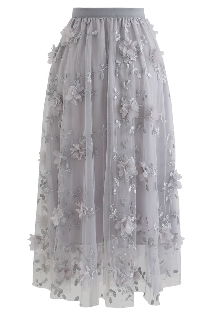 3D Mesh Flower Embroidered Tulle Midi Skirt in Grey