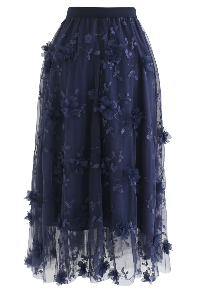 3D Mesh Flower Embroidered Tulle Midi Skirt in Navy