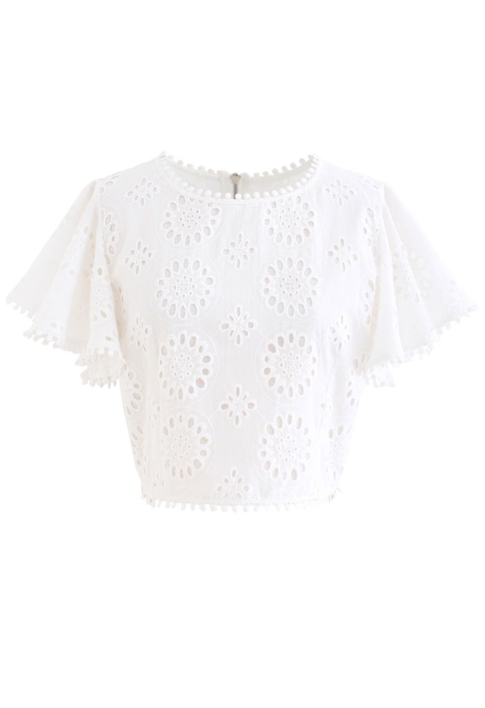 Floral Eyelet Embroidered Ruffle Sleeves Crop Top in White