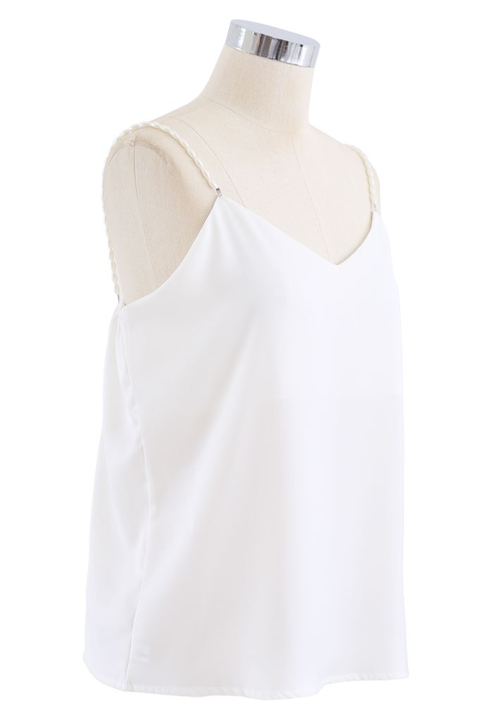 Pearl Straps Satin Cami Tank Top in White