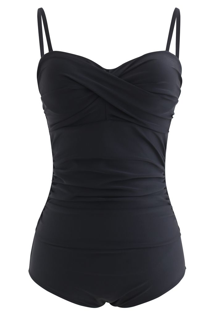 Ruched Design Solid Black One-Piece Swimsuit