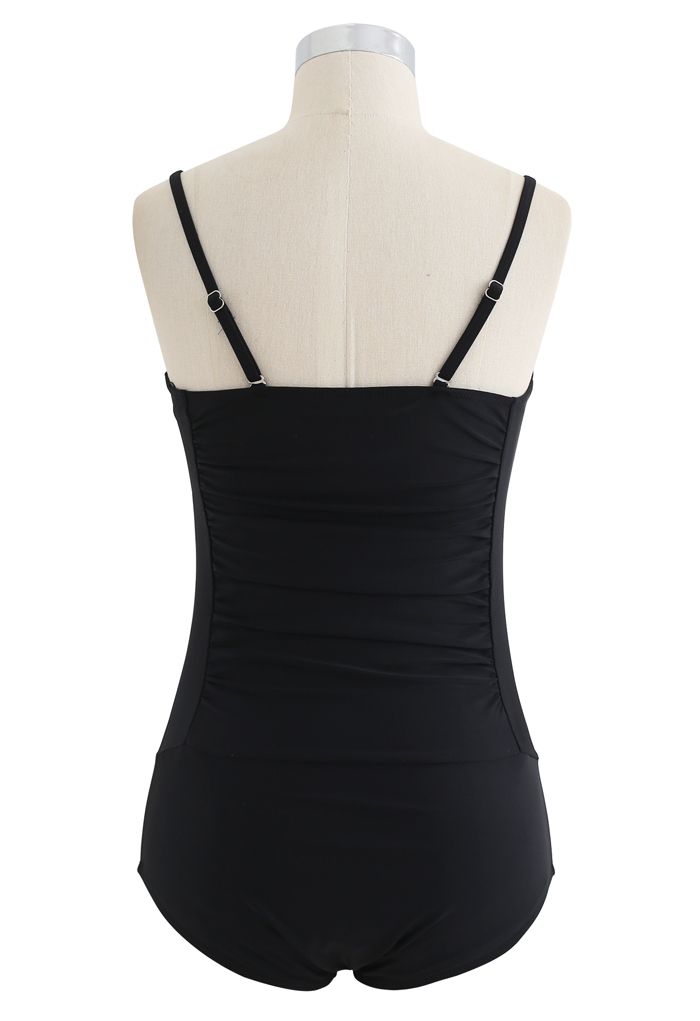 Ruched Design Solid Black One-Piece Swimsuit