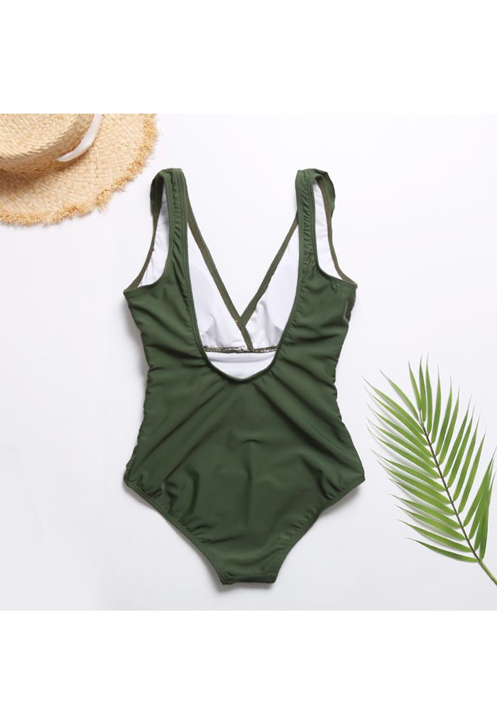 Open Back Ruffle Trim V-Neck One-Piece Swimsuit