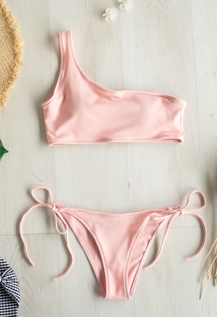 One-Shoulder Tie Side Low Rise Bikini Set in Pink